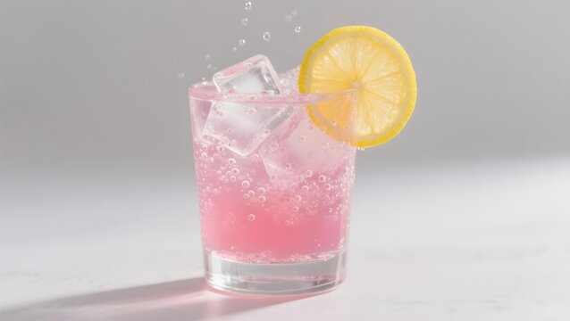 어도비 스톡 업로드용 프롬프트
1. 영어 제목
A refreshing glass of a sparkling pink cocktail or lemonade with ice cubes and a lemon slice garnish, showing a fizzy splash in a bright, high-key setting