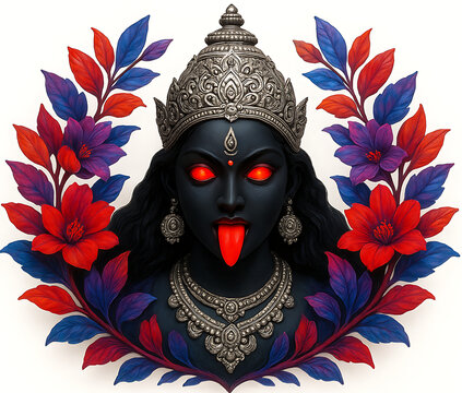 Intense dark portrait of goddess kali with fierce red eyes tongue out ornate silver crown set against decorative red and blue floral motif kali puja shyama pooja