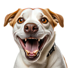 Happy Dog Up-close, smiling dog with white and brown fur against black