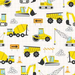 CONSTRUCTION SITE seamless pattern illustration vector cute kiddy decorative background wallpaper with various vehicles