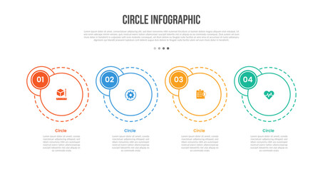 Circle base shape infographics template diagram with big and small circle badge on horizontal direction with 4 point step creative simple flat outline