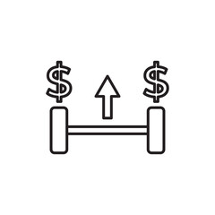 Finance growth icon showing barbell with dollar signs and upward arrow, symbolizing economic strength, investment growth, profit improvement, and financial performance enhancement concept.