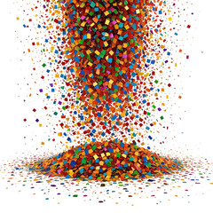 Falling multicolored squares create a cascade against a dark background