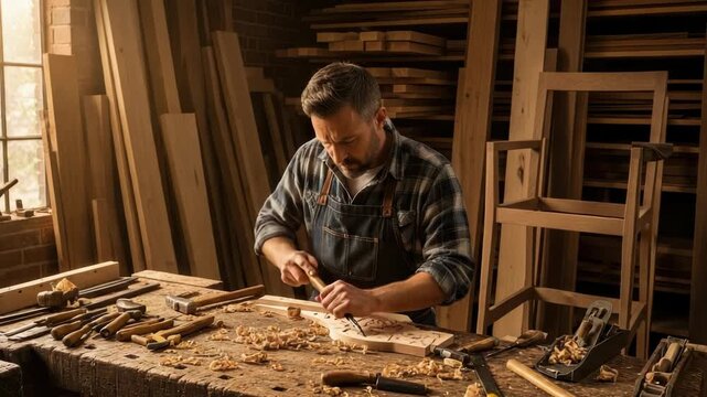 craftsman in plaid shirt and apron precisely carves wood with chisel on busy workbench covered in shavings Stacked lumber an unfinished chair and various tools fill the sunlit workshop