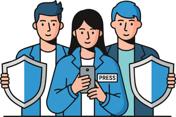 Three people depicted, a woman in the center holding a phone with 