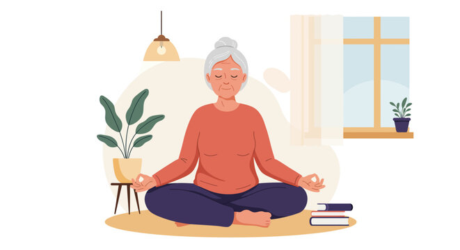 A flat design illustration showing an elderly woman meditating, representing mental well-being and stress reduction for seniors through mindfulness practices.