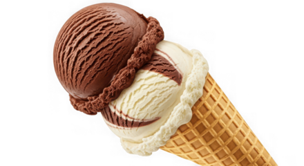 Delicious chocolate and vanilla ice cream cone isolated on transparent background