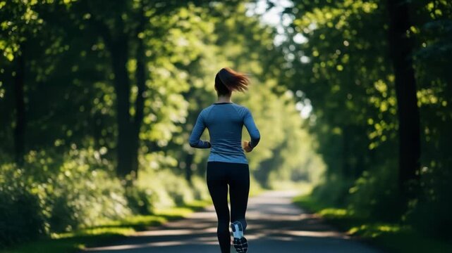 woman with hair tied back runs away from the viewer on an asphalt road She wears grey long-sleeved top and black leggings amid lush green trees sun-dappled natural tunnel