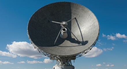 Large satellite dish against a clear blue sky with puffy white clouds