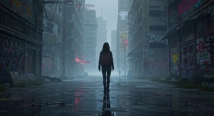 Lone figure walks desolate street in apocalyptic city environment