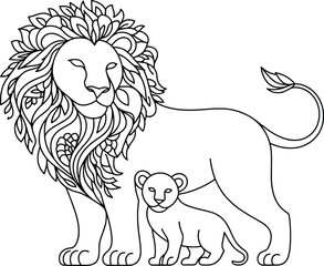 Majestic adult lion standing proudly beside its adorable cub