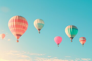 Fototapeta premium Minimalist hot air balloons on clear pastel sky, simple festival background.