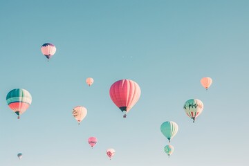 Obraz premium Minimalist hot air balloons on clear pastel sky, simple festival background.