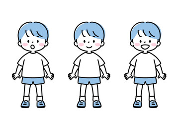 シンプル線画　いろいろな表情の男の子　全身　正面