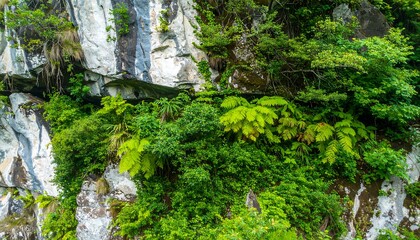 Lush vegetation clinging to rocky cliff face
