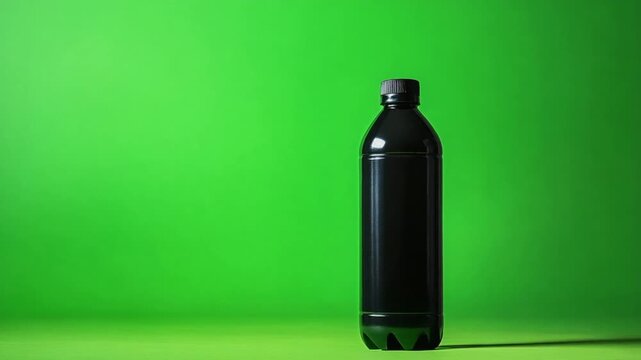 Black Unlabeled Drink Bottle on a Vibrant Green Background.