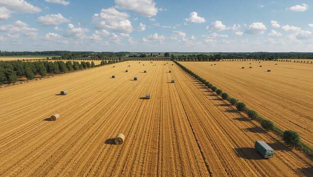 Aerial view of golden farmland with hay bales and green trees - Powered by Adobe