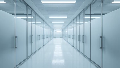 Obraz premium Long corridor with many white doors and bright fluorescent lighting