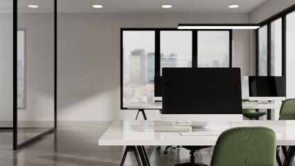 Minimalist 3D design of bright office space with white desks, chairs, and large windows offering a cityscape view