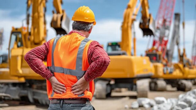 Back Pain on the Job: A construction worker in a safety vest holds his lower back, a grimace of discomfort etched on his face, symbolizing the physical toll of demanding labor.