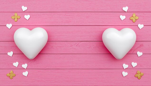 White hearts and golden accents on a vibrant pink wooden background