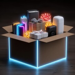 Festive Gift Box Overflowing with Colorful Technology and Presents