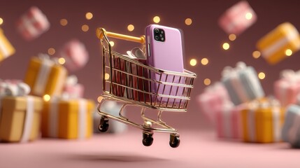 Shopping Cart with Smartphone Surrounded by Colorful Gift Boxes