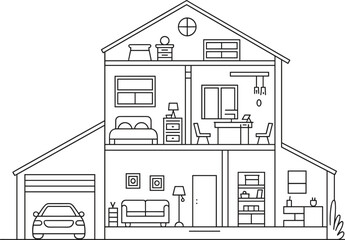 Cross-Section of a House Showing Interior Rooms and Furniture untitled