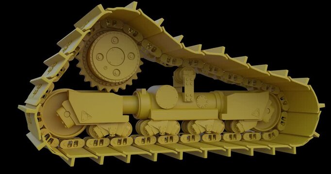 Bulldozer or Excavator Track and undercarriage System. The track system consists of track shoes, chain assemblies, bottom and top rollers, front idlers, and recoil mechanism.