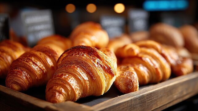 Tray of Croissants Sits on a Table for Sale at Bakery. Fresh and Inviting Pastries.
