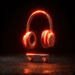 Glowing Headphones and Skateboard in Dark Space with Red Sparks