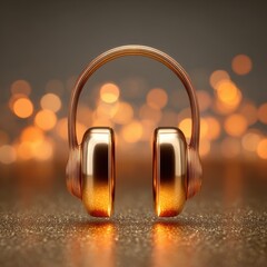 Elegant copper headphones with bokeh lights in the background