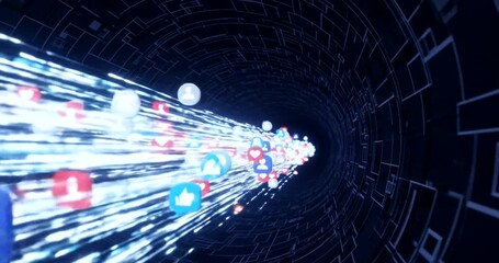 Digital tunnel showcasing social media icons flowing through a network - Powered by Adobe