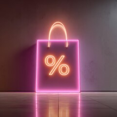 Neon Shopping Bag with Percentage Symbol on a Minimalist Background
