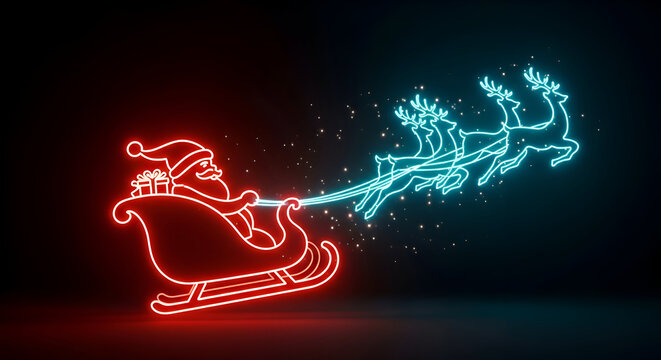 Magical neon Santa Claus and reindeer sleigh soaring through the night sky with Christmas gifts and holiday cheer for festive seasonal designs