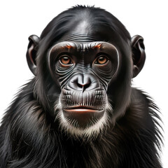 Chimpanzee portrait with smooth black fur and serious brown eyes