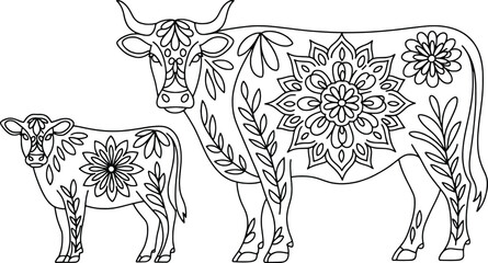 Intricate mandala patterned cow and calf outline for coloring fun
