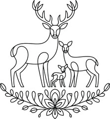 Elegant family of deer with antlers and decorative floral border outline