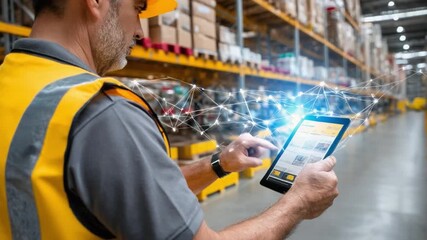Warehouse Inspector Using Tablet: A worker, illuminated by the glow of digital innovation, meticulously inspects goods in a well-organized warehouse. - Powered by Adobe