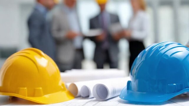 Safety First: Hard Hats and Blueprints: A tableau of construction, with two hard hats, one yellow and one blue, resting atop rolled-up blueprints, subtly highlighting the core elements of design.