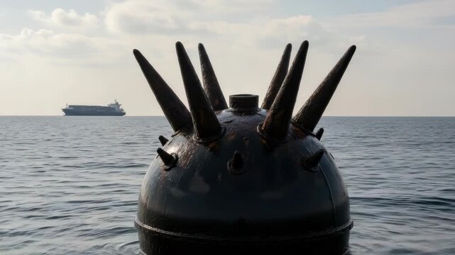 old dark sea mine with numerous prominent spikes floats in calm ocean waters A large cargo vessel sails in the distance under bright partly cloudy sky