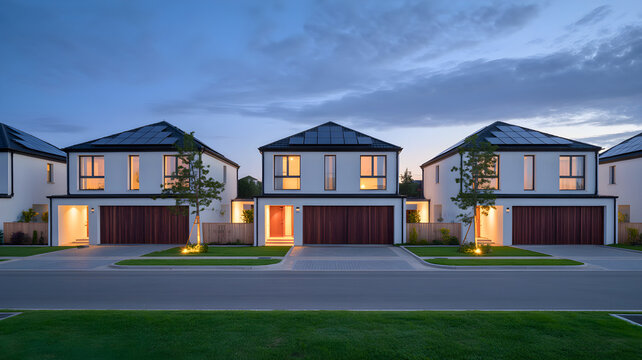Evening view of modern residential houses with illuminated garages and front doors, arranged along a street