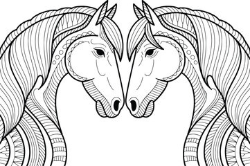 Elegant line art of two horses facing each other intricate detail