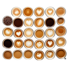 Array of coffee cups, with various brews and latte art on black