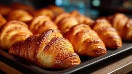 Tray of Croissants Sits on a Table for Sale at Bakery. Fresh and Inviting Pastries.