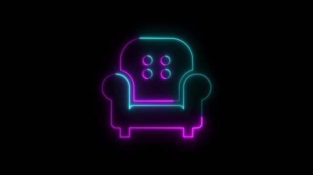 4k Glowing neon line Sofa icon isolated on black background. 4K Video motion graphic animation.  neon outline of a classic armchair on a black background abstract furniture design minimalist modern.