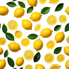Lemons and leaves on a dark background create a vibrant, organic pattern