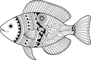 Whimsical hand drawn fish with intricate patterns for coloring and art projects