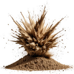 Dust explosion, particles scattered, brown, impactful, isolated image