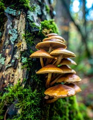 Forest mushrooms on mossy tree
